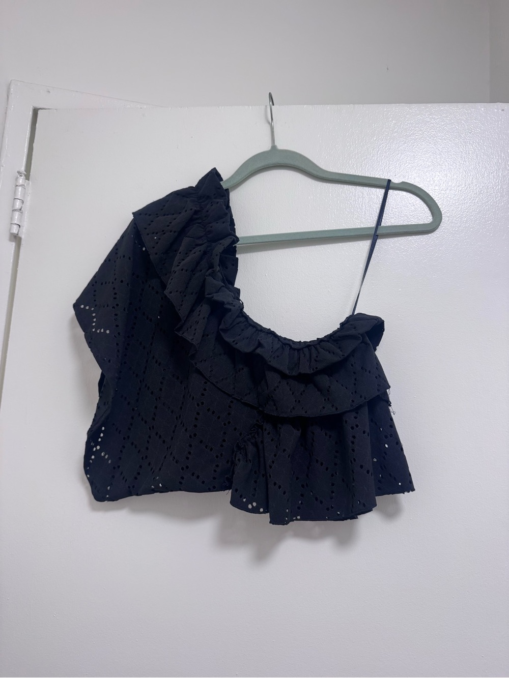 Zara Black One-Shoulder Ruffle Eyelet Crop Top